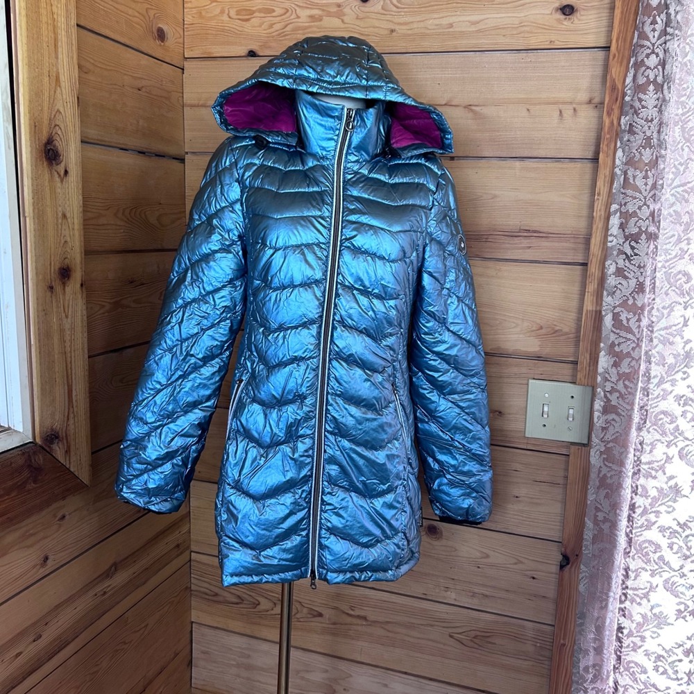 Metallic Puffer Coat Women Small Aqua Blue Iridescent Vegan Winter Parka Noize